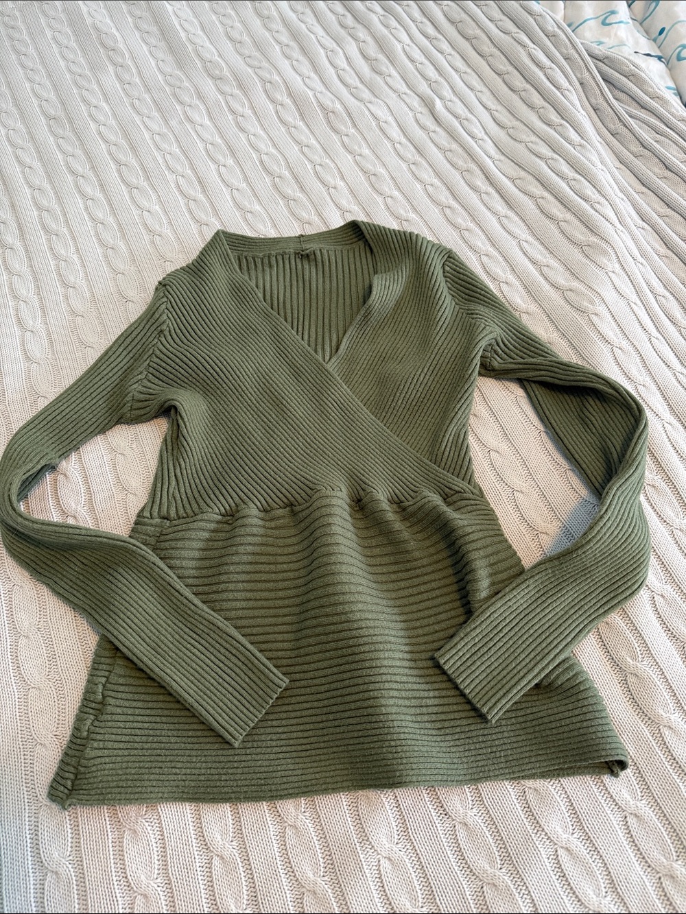 Olive Green Ribbed Wrap-Style Women’s Sweater